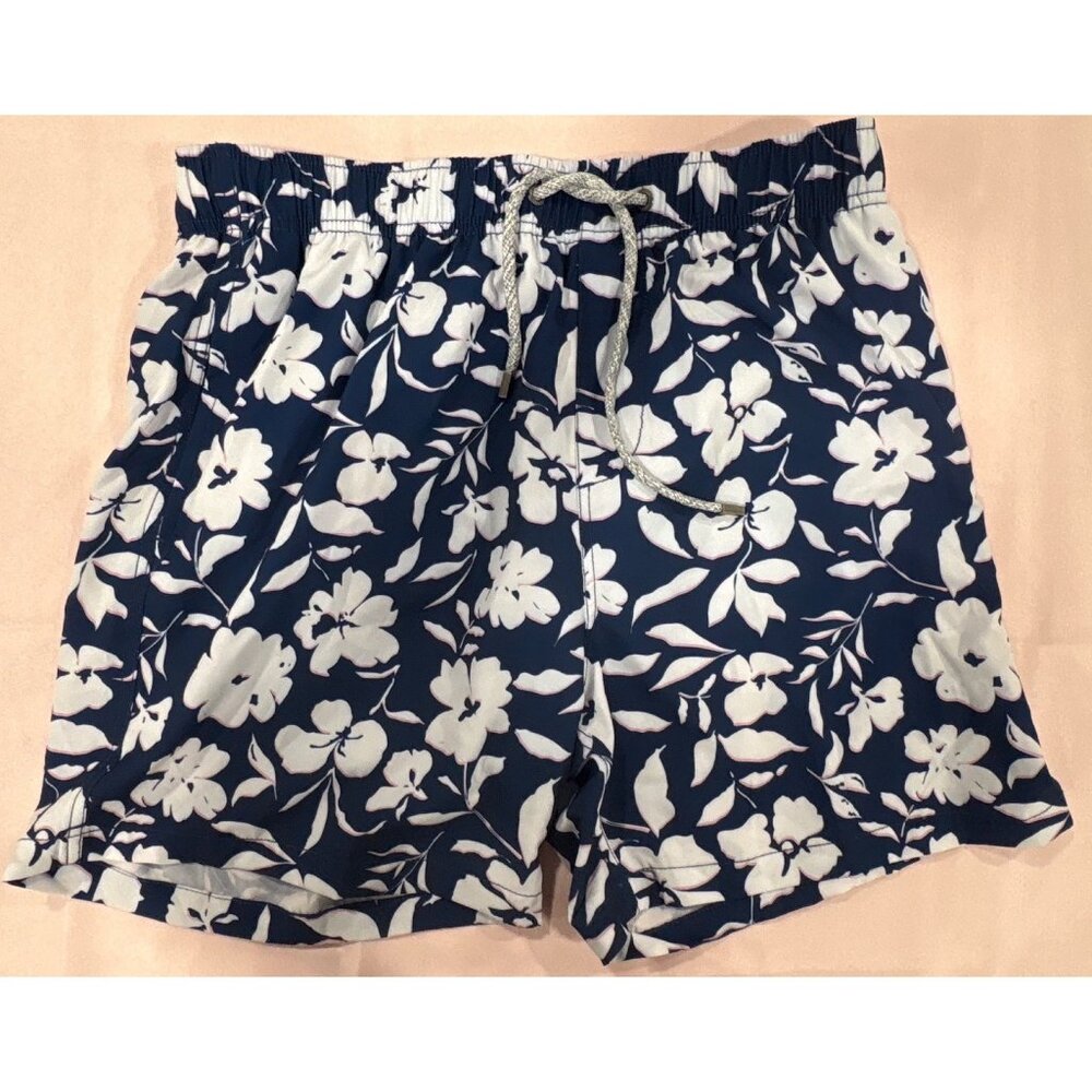 Mens Vintage Summer Floral Swim Shorts Navy & White Hawaiin Size L